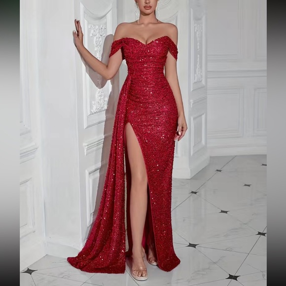 Satin Cold-Shoulder Gown with Thigh-High Slit Peach